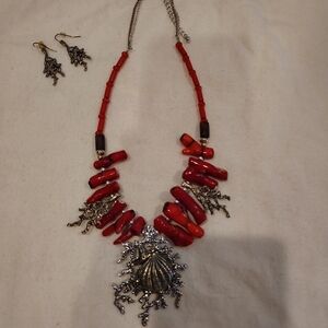 Vibrant Red and Silver Necklace with Coral Accents